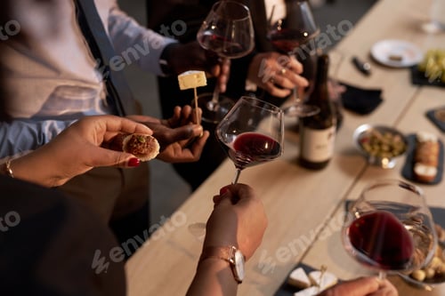 Preview: Unrecognizable Woman Expertizing Wine and Snack