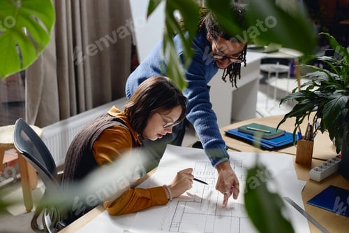 Preview: Young Caucasian Woman Collaborating with Young Black Man on Architectural Plans