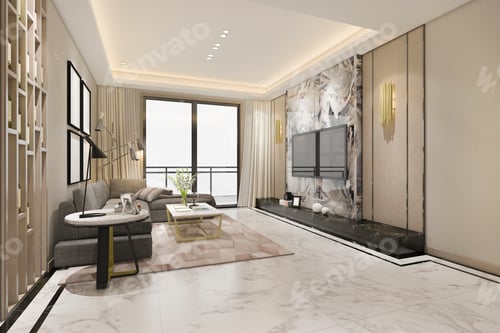 Preview: 3d rendering luxury classic living room with marble tile and bookshelf