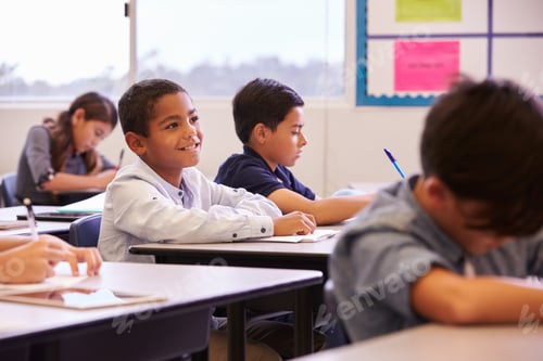 Preview: Elementary school kids working at their desks in a classroom