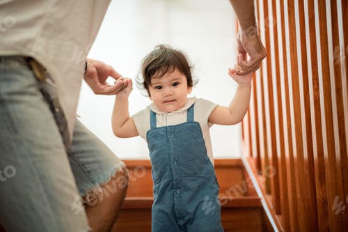 Preview: father help children baby to walk, childhood family people with little cute toddler child son
