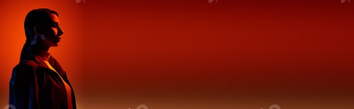 Preview: Fashionable young woman posing in stylish attire with a vibrant gradient background