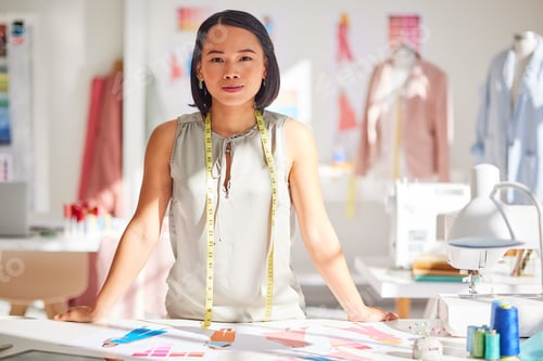 Preview: Woman, fashion and design in small business startup for clothing, styling or tailor at the workshop