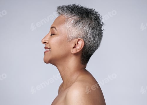 Preview: Mature woman, skincare glow or gray hair on studio background and healthy grooming, self care or de