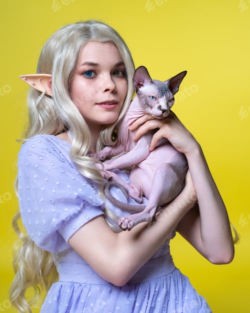 Preview: Cosplayer elf young female in blue dress with pretty Sphinx kitten on yellow background