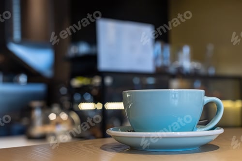 Preview: Cup with cappuccino or latte with milk foam on wooden table in a cafe or coffeehouse