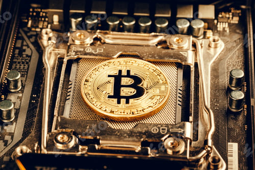 Preview: golden bitcoin and computer chip in background