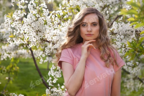 Preview: Portrait of beauty young woman in cherry blossom garden. Model on background white flowers