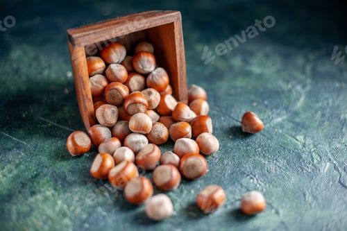 Preview: front view fresh hazelnuts on a dark-blue background shell nut photo walnut peanut color snack cips