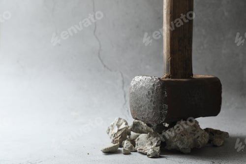 Preview: One sledgehammer and pieces of broken stones on grey background, closeup. Space for text