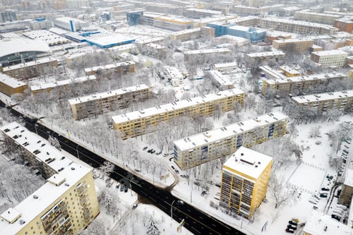 Preview: Snow-covered city center of Minsk from a height. Belarus