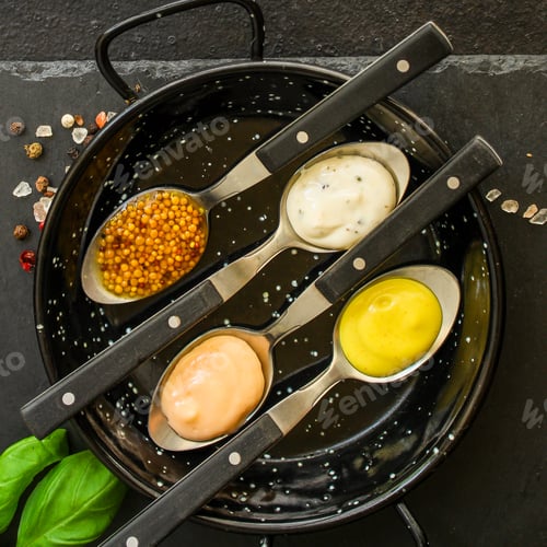Preview: Sauce (Different Types Of Sauces In A Spoon) Portion Serving. Top Food Background. Copy Space