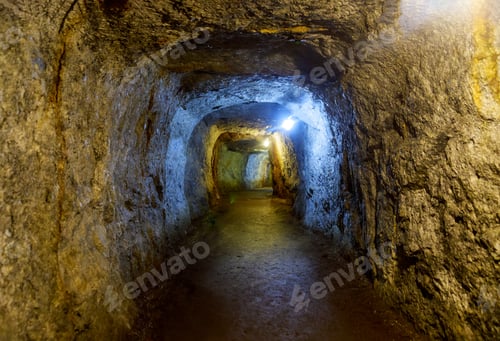 Preview: Mine underground tunnel with lights in the mountains