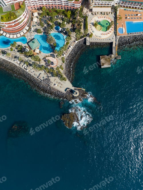 Preview: Aerial view of a luxury resort and beach in Funchal, Madeira Island, Portugal
