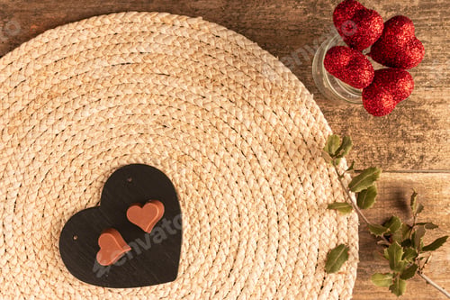 Preview: Top view of a plate with heart-shaped chocolate, jar with shiny hearts on sticks on sisal fabric