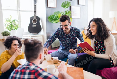 Preview: A group of young friends indoors at home, house sharing concept