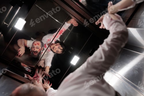 Preview: Creepy cruel zombies sitting in elevator