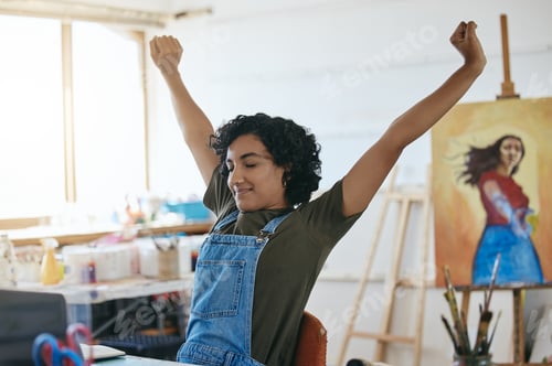 Preview: Creative woman, stretching or relax after success target goals, art idea or design planning in home