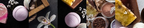 Preview: collage of organic bath salt, bath bombs and colorful soap near flowers on dark background