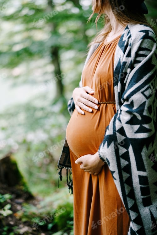 Preview: Pregnant woman hugs her belly with her hands in the park