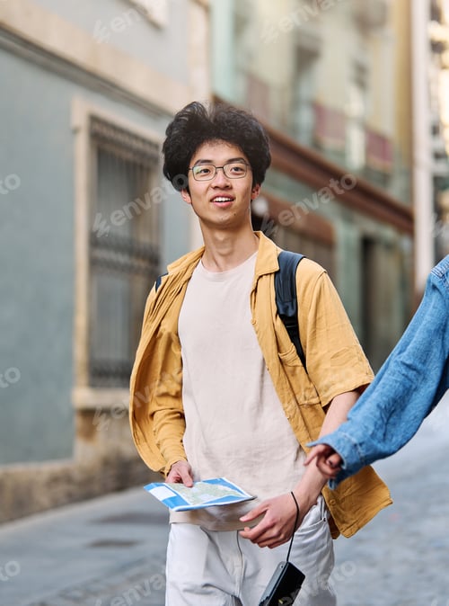 Preview: city young woman travel tourist outdoor couple happy vacation lifestyle holiday