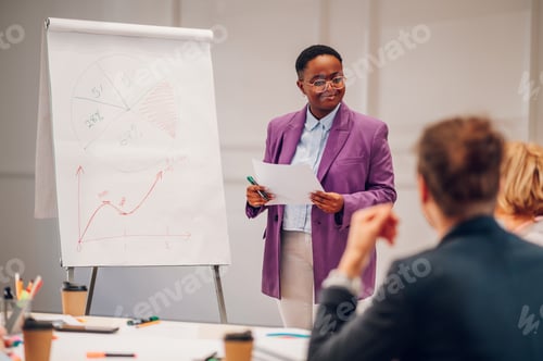 Preview: African american businesswoman holding a presentation during a meeting in an office
