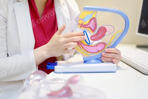Preview: The gynecologist shows the patient an anatomical model of the vagina