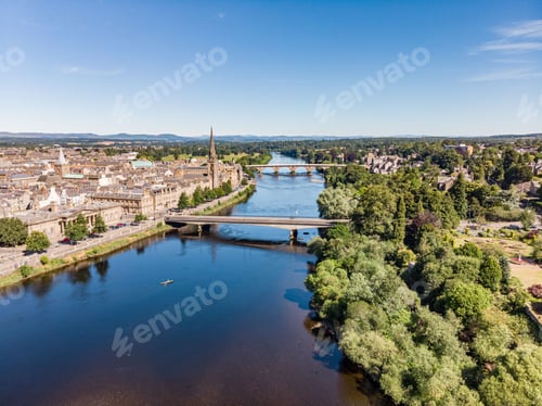 Preview: Drone View of Perth and River Tay on a sunny day. Scotland, United Kingdom