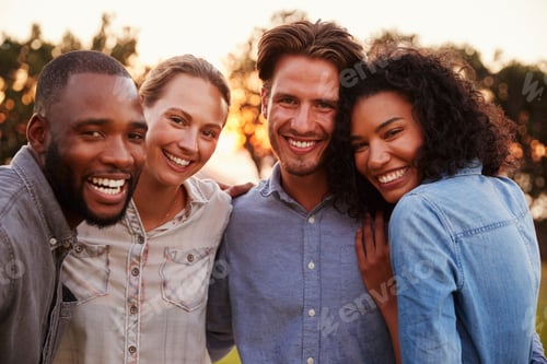 Preview: Portrait of two happy young couples smiling and embracing