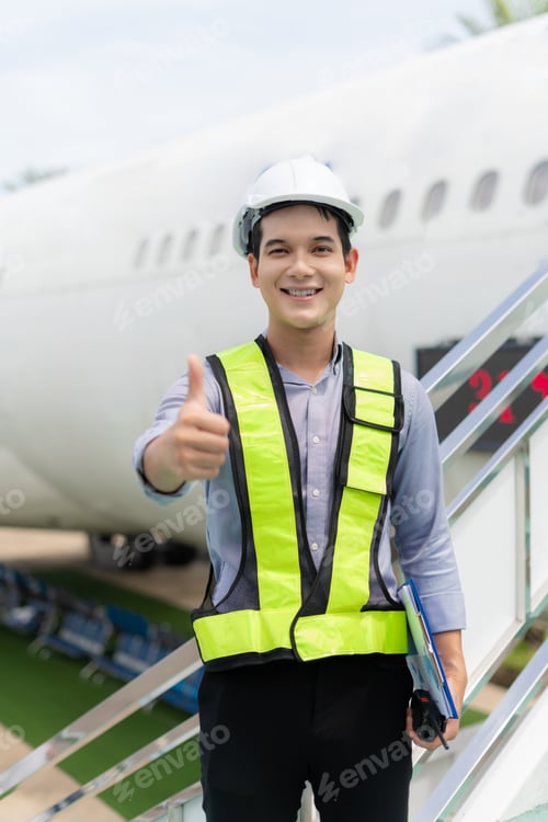 Preview: Portrait of male engineer wearing a white hard hat standing inspecting and maintaining an aircraft.