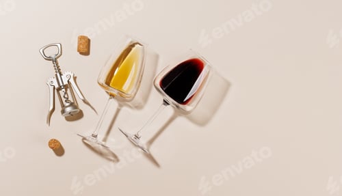 Preview: Two wine glasses alongside a corkscrew and several corks