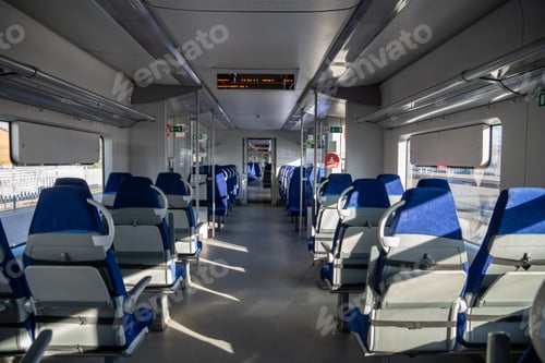 Preview: Interior of modern passenger high-speed express train. Inside the train carriage.