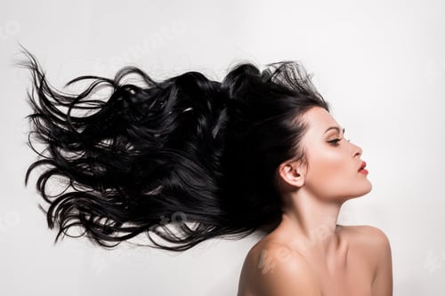 Preview: young woman with beautiful black hair isolated on white