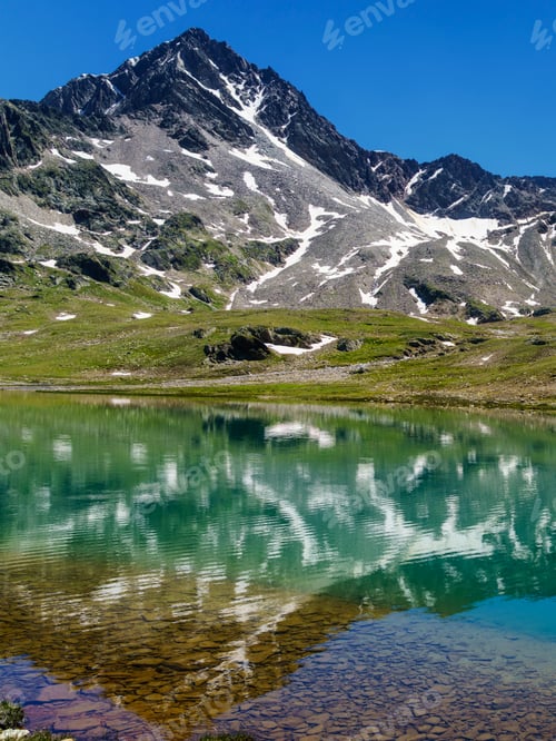 Preview: Passo Gavia, mountain pass in Lombardy, Italy, at summer. Lake
