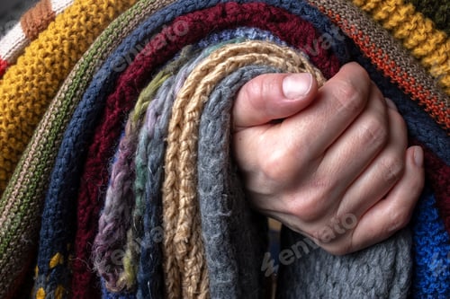 Preview: Female hand holding a set of knitted scarf, multi-colored and with different patterns
