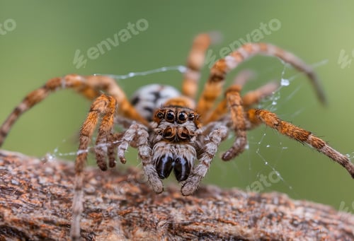 Preview: Macro shot of a spider in nature, with web against blur green background