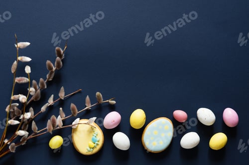 Preview: easter eggs and willow branch on dark blue background