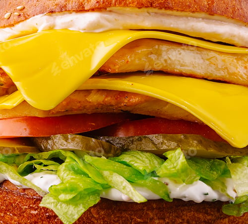 Preview: Mouthwatering cheeseburger with fresh toppings on a rustic bun