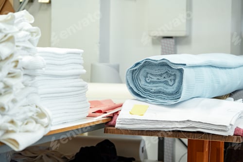 Preview: Folded and rolled fabrics on wooden shelf in tailor workshop