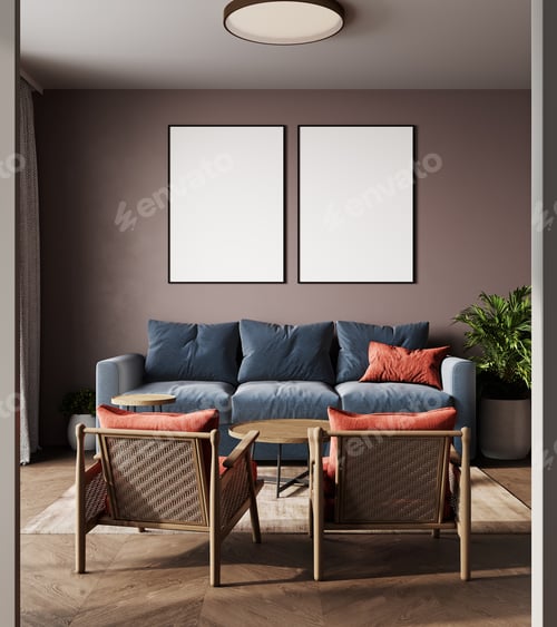 Preview: blank two frames mock up in modern living room interior with blue sofa, red chair
