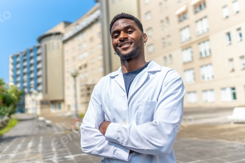 Preview: African doctor smiling at camera with arms crossed outside the hospital