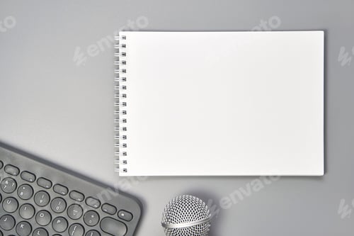 Preview: Podcast concept. Black microphone, content notebook. Audio music device