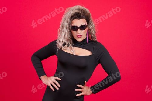 Preview: Drag queen person wearing sunglasses posing with rebel attitude