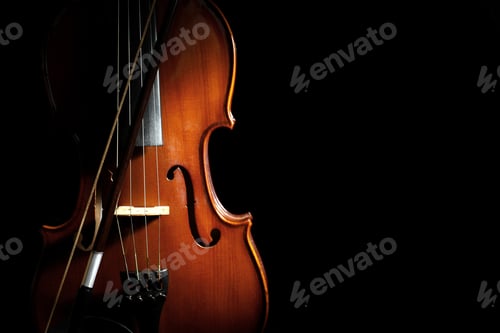 Preview: Classic violin and bow on black background. Space for text