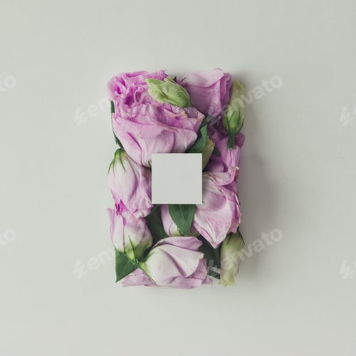 Preview: Pink flowers in shape of a gift box on bright background. Flat lay. Love concept.
