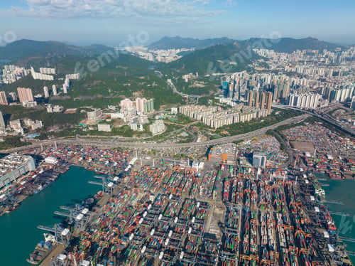 Preview: Kwai Tsing, Hong Kong 05 December 2021: Drone fly over the cargo terminal port