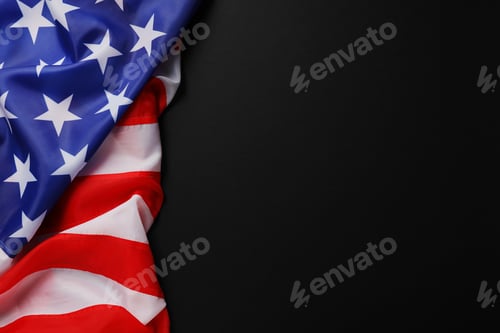 Preview: American flag on black background, top view with space for text