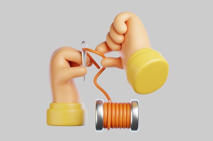 Visualização: Carretel de agulha enfiando mãos de desenho animado