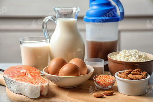 Preview: Different natural food on table. High protein diet