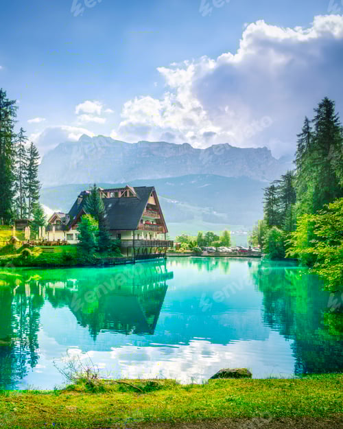 Preview: Lake Sompunt in Badia valley with traditional houses, Dolomites, Italy